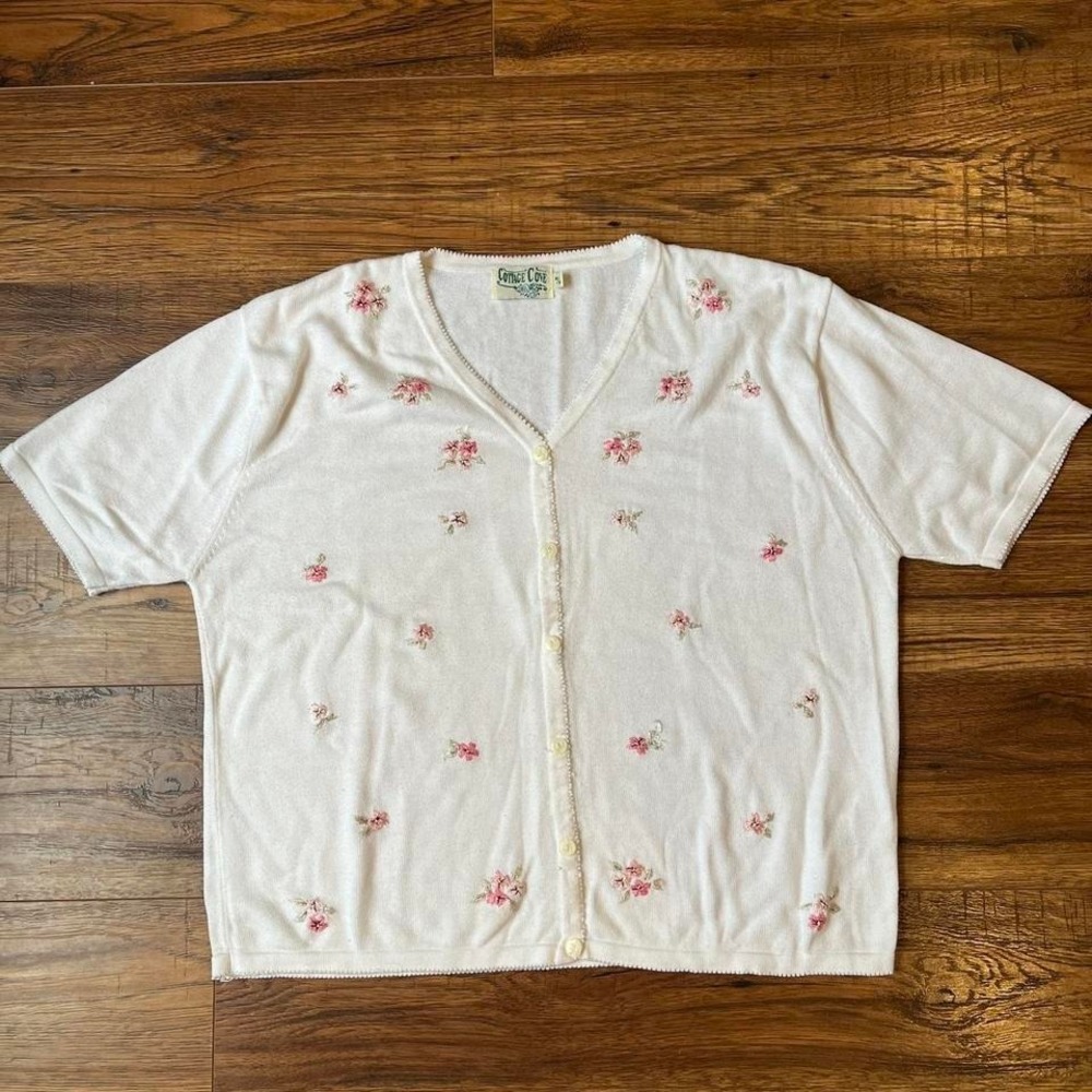 Vintage Cottagecore Ivory Short Sleeve Cardigan Pink Floral‎ Embroidery Women M
